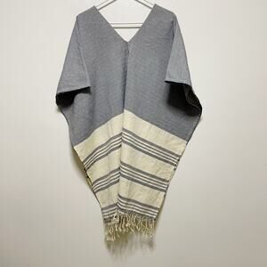 Tribe Alive Caftan Blue Cream Cotton Beach Coverup Poncho